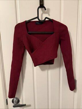 Babaton Wine Ribbed Wrap Crop Top